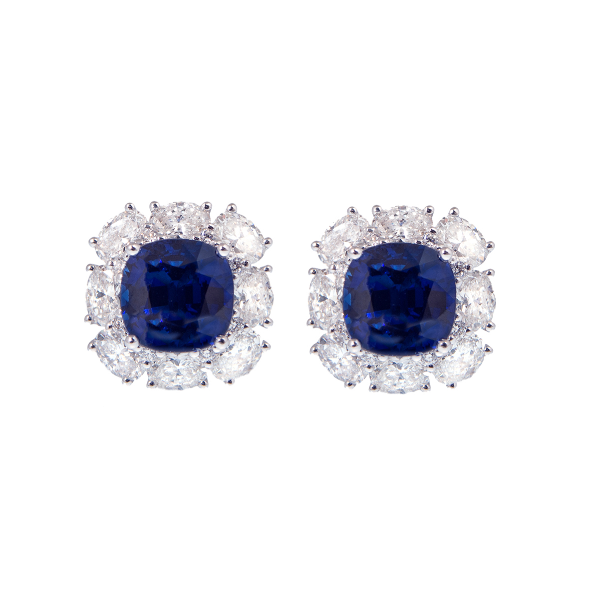 cushion cut sapphire and diamond cluster stud earrings