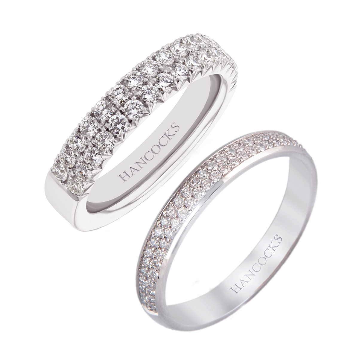 2 row matching diamond set wedding rings