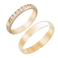 diamond set yellow gold matching wedding rings for him and her