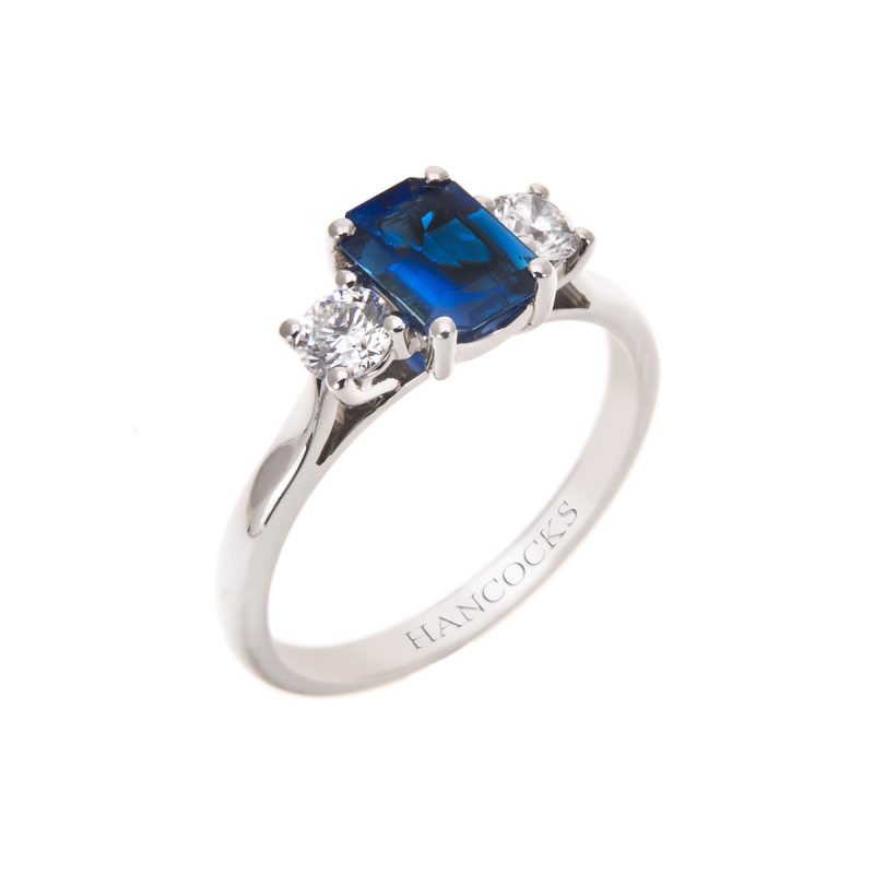 Rectangular Sapphire and Diamond 3-Stone Ring