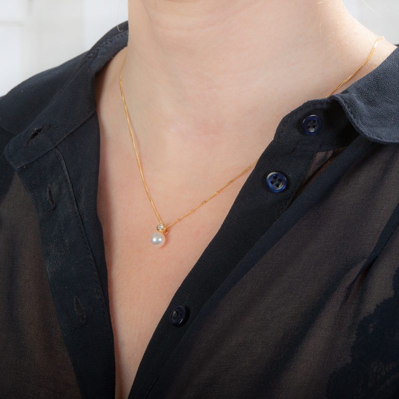 Yellow Gold Pearl and Diamond Pendant - Image 2