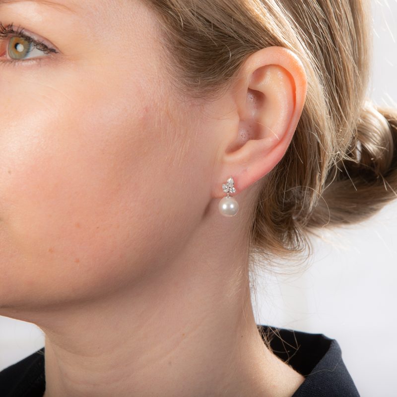 White Gold Pearl and Pear Diamond Earrings - Image 2