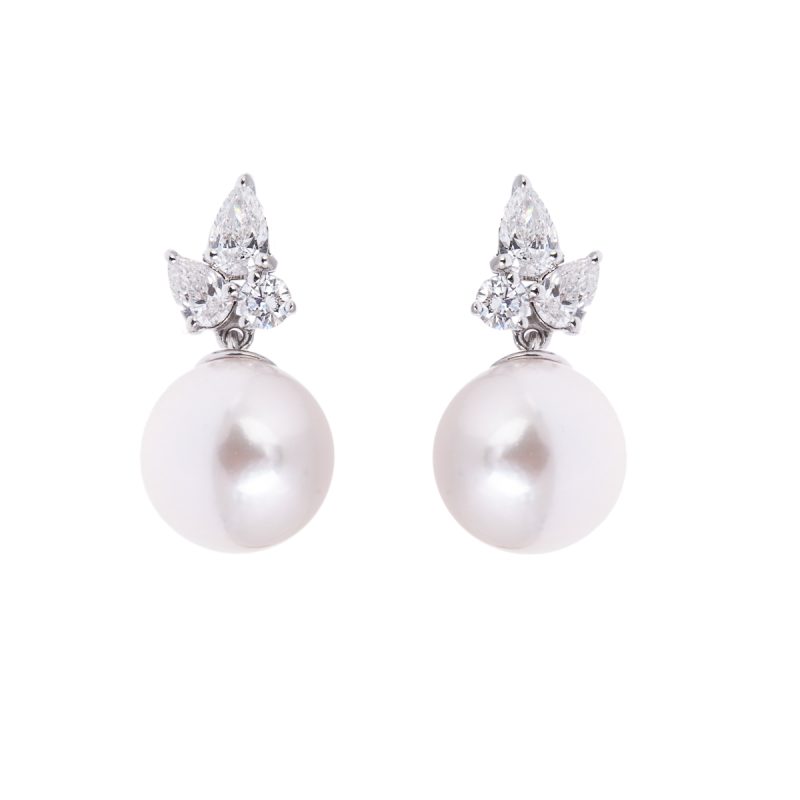 White Gold Pearl and Pear Diamond Earrings