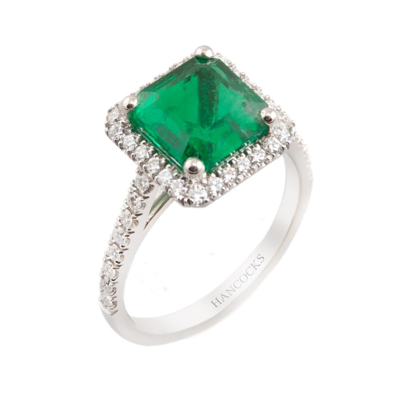 Emerald and Diamond Halo Cluster Ring