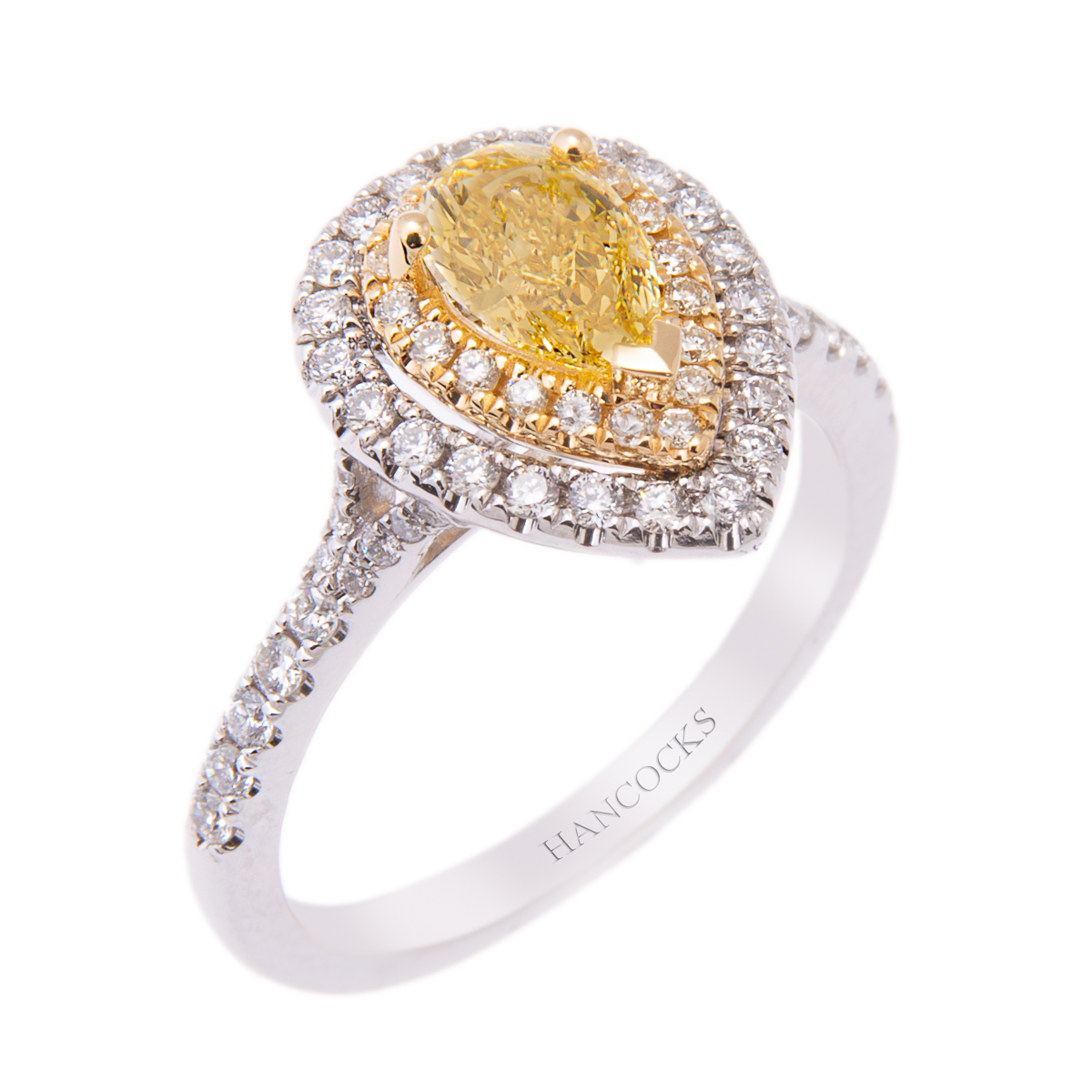 Platinum Pear Cut Yellow Halo Diamond Ring | Hancocks Jewellers