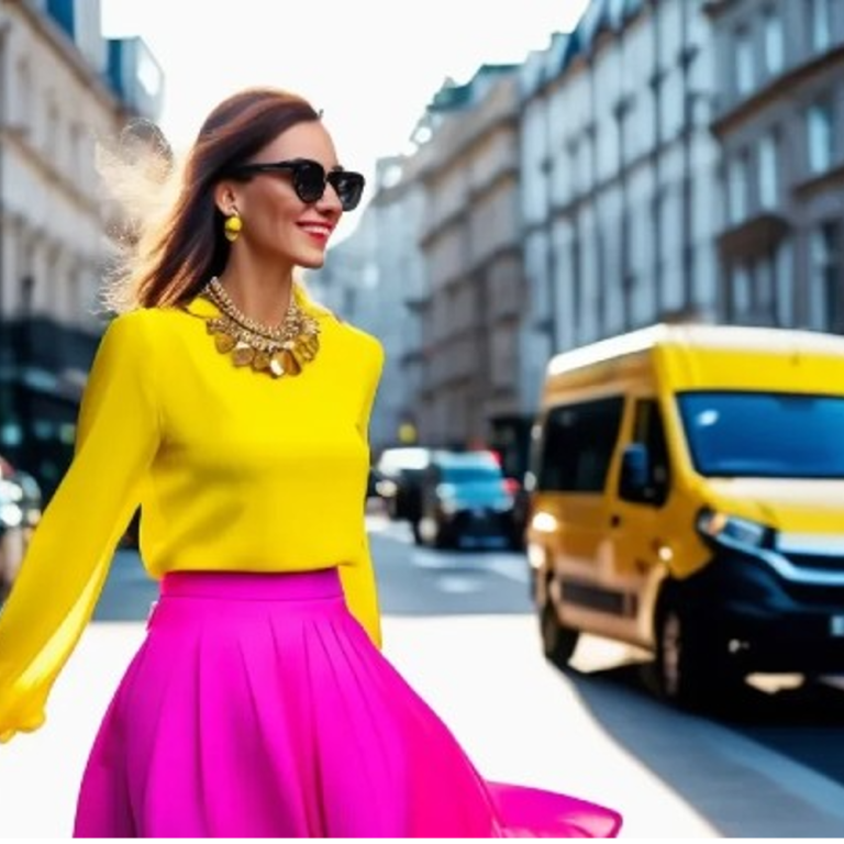 Lady walking across a road in bright yellow top and bright pink skirt