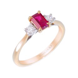ruby and diamond 3-stone ring in yellow gold
