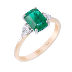 emerald and pear cut diamond 3-stone ring