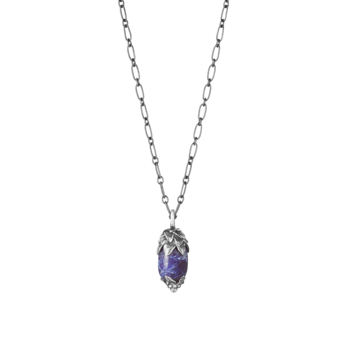 Silver Sodalite heritage pendant. A silver chain necklace with a deep blue acorn-shaped gemstone.