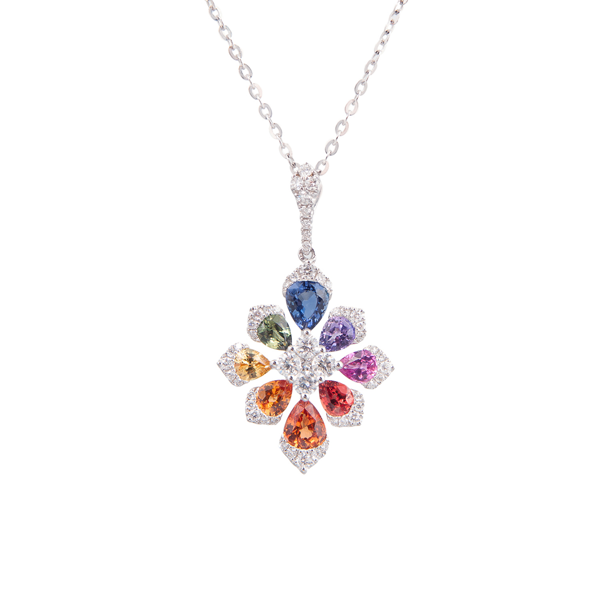 multi coloured sapphire and diamond flower design pendant