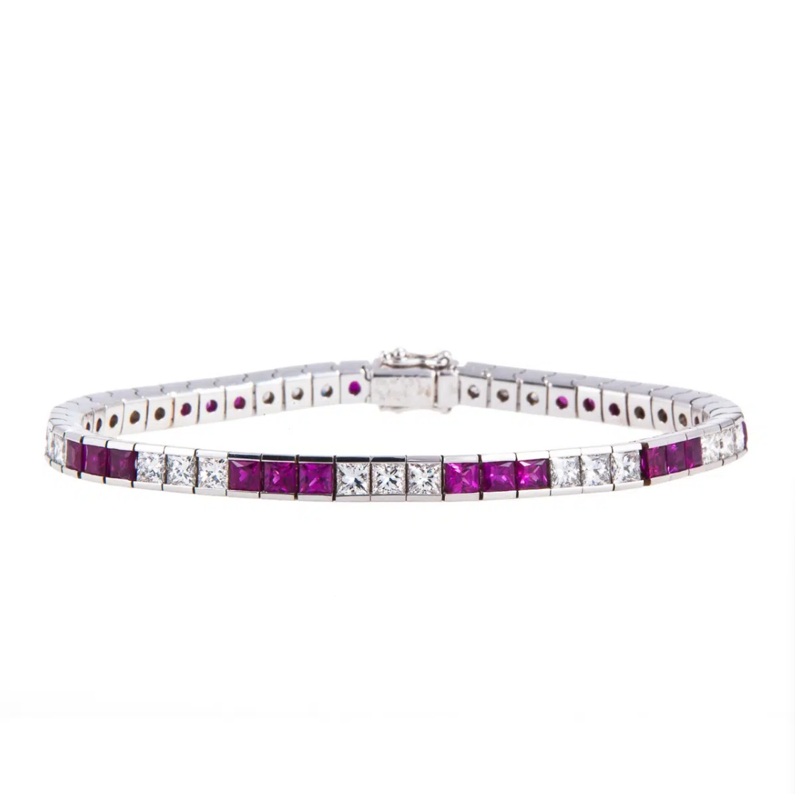 Square Cut Ruby and Diamond Bracelet product photo.