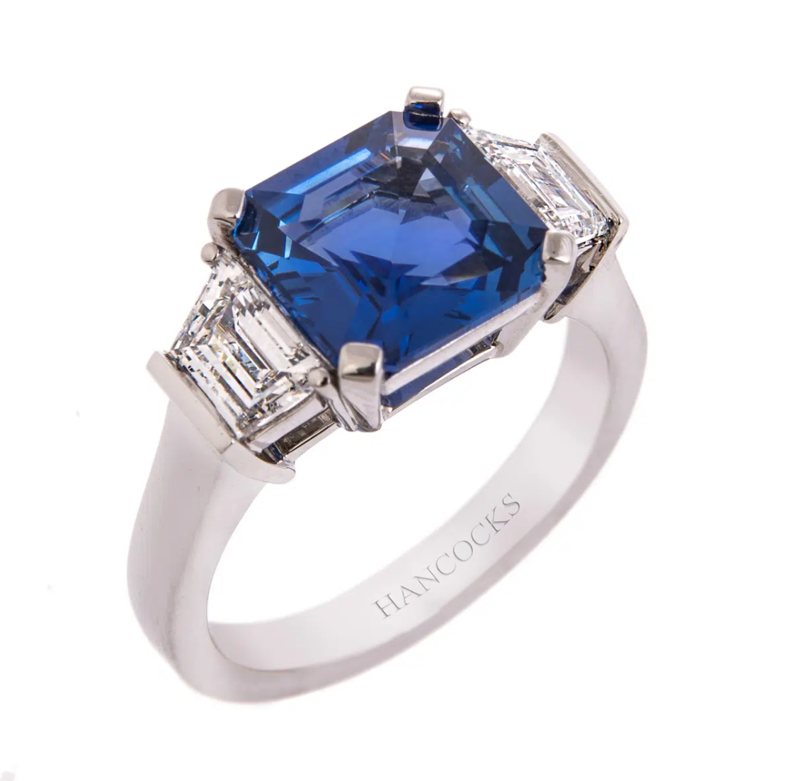Square Cut Sapphire with Trapeze Cut Diamonds