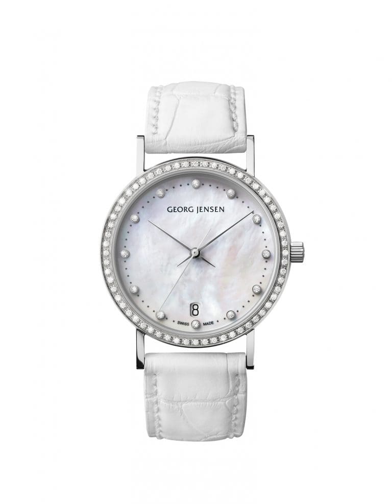 georg jensen koppel mother of pearl diamond set dial with white alligator strap