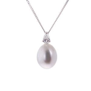 g colour pear cut diamond pendant with south sea pearl